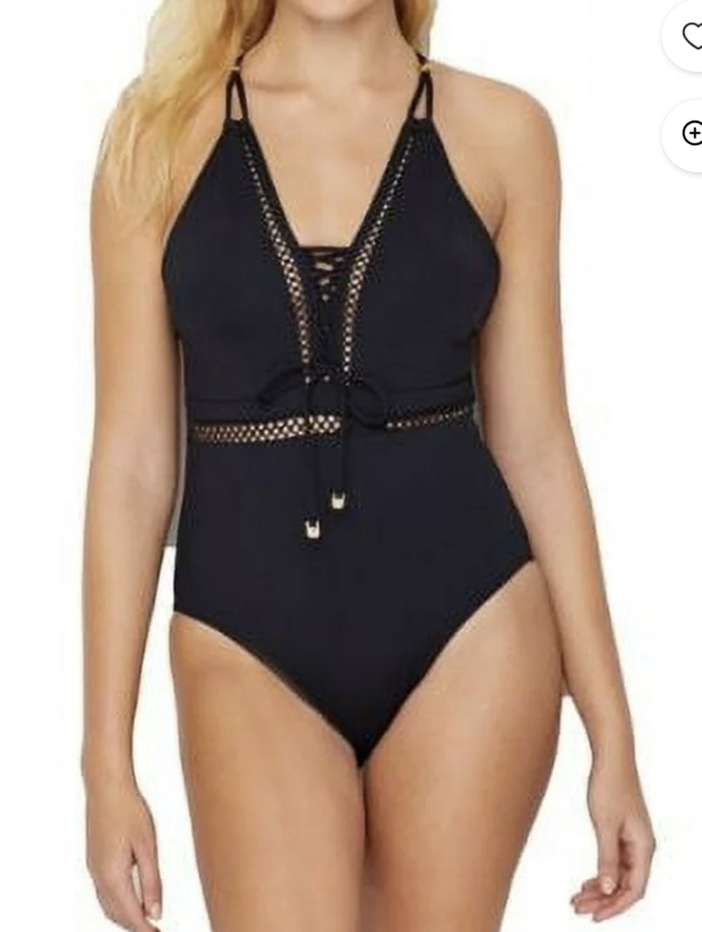 Azura Black Halter One-Piece Swimsuit with Crochet Trim Size 10 Medium/large